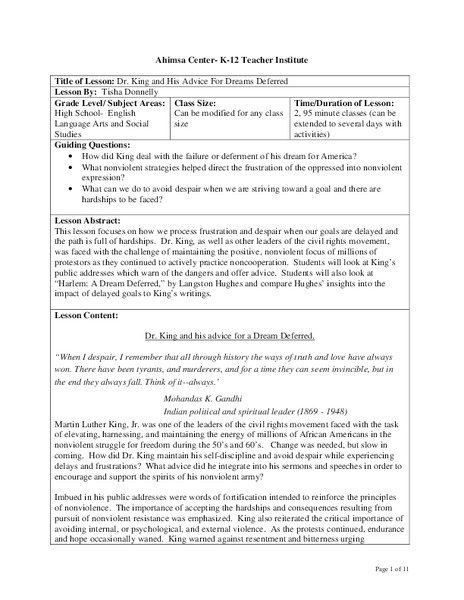 Dr. King and His Advice for Dreams Deferred Lesson Plan