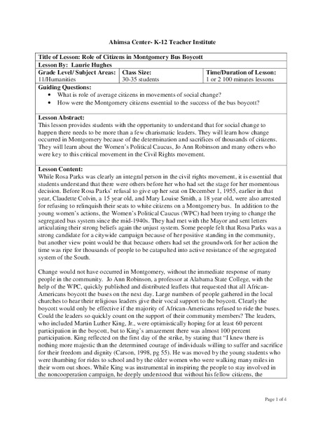 Role of Citizens in Montgomery Bus Boycott Lesson Plan