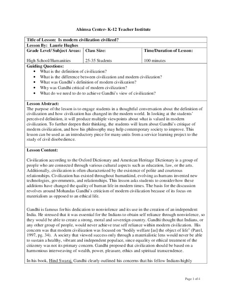 Is Modern Civilization Civilized? Lesson Plan