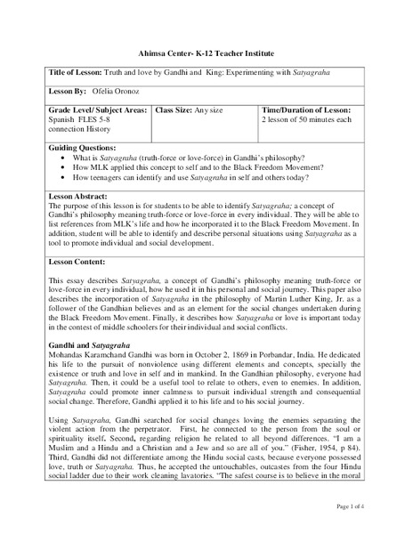 Truth and love by Ghandi and King: Experimenting with Satyagraha Lesson Plan