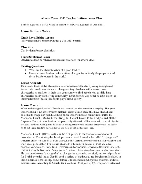 Take a Walk in Their Shoes: Great Leaders of Our Time Lesson Plan