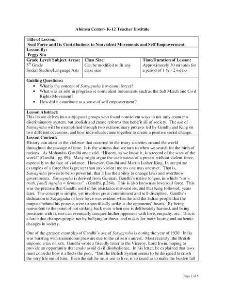 Soul Force and Its Contributions to Nonviolent Movements and Self Empowerment Lesson Plan