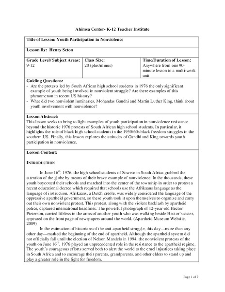 Youth Participation in Nonviolence Lesson Plan