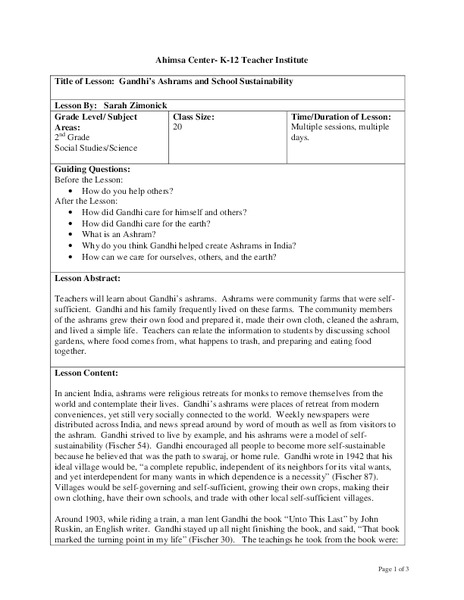 Gandhi's Ashrams and School Sustainability Lesson Plan