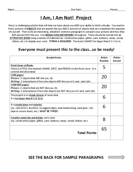 I Am, Am Not! Project Worksheet