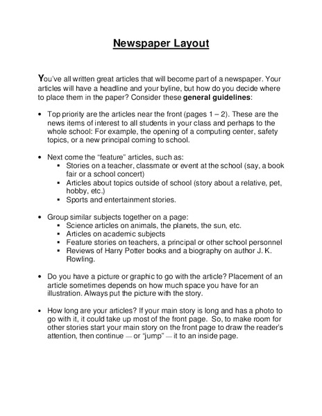 Newspaper Layout Worksheet