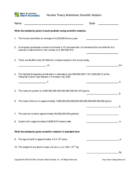 Number Theory: Scientific Notation Worksheet