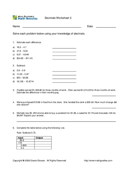 Decimals and Batting Averages Worksheet