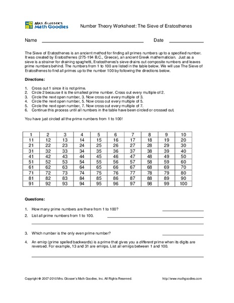 Number Theory: The Sieve of Eratosthenes Worksheet