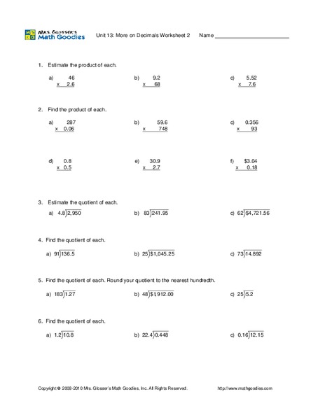 Decimals: multiplication and division Worksheet