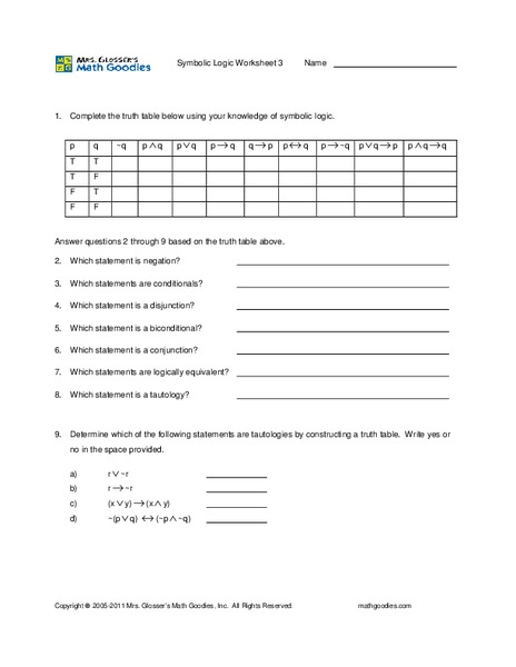 Symbolic Logic: 3 Worksheet