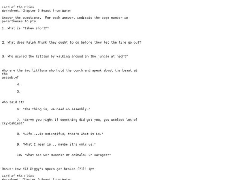 Lord of the Flies:  Chapter 5 Worksheet