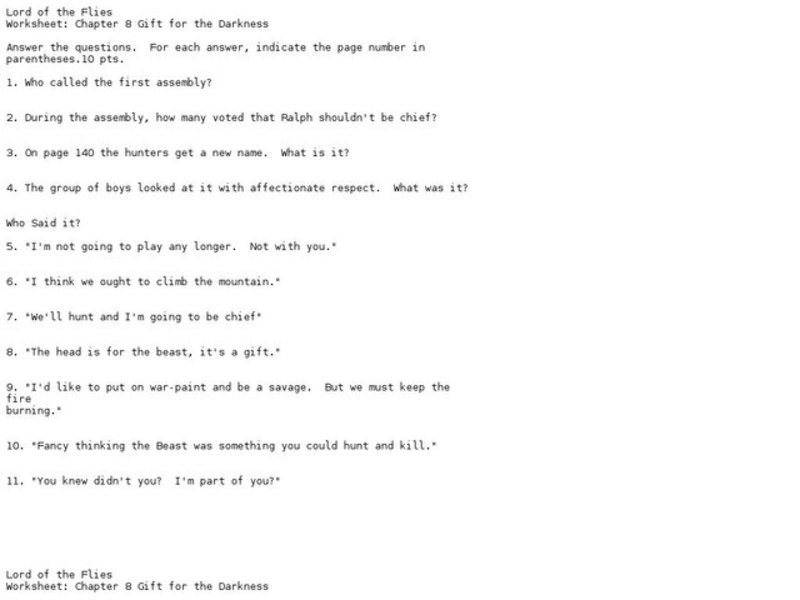 Lord of the Flies--Chapters 8-9 Worksheet