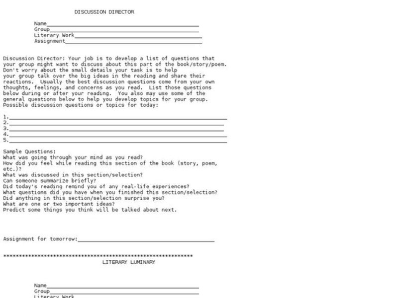 Discussion Director Worksheet