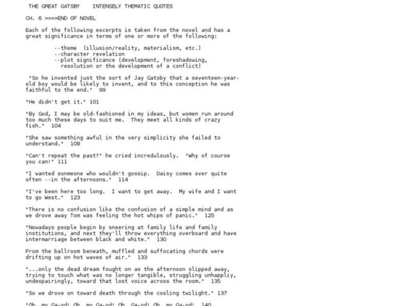 The Great Gatsby:  Intensely Thematic Quotes Worksheet
