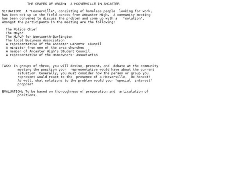 The Grapes of Wrath: A Hooverville in Ancaster Activity