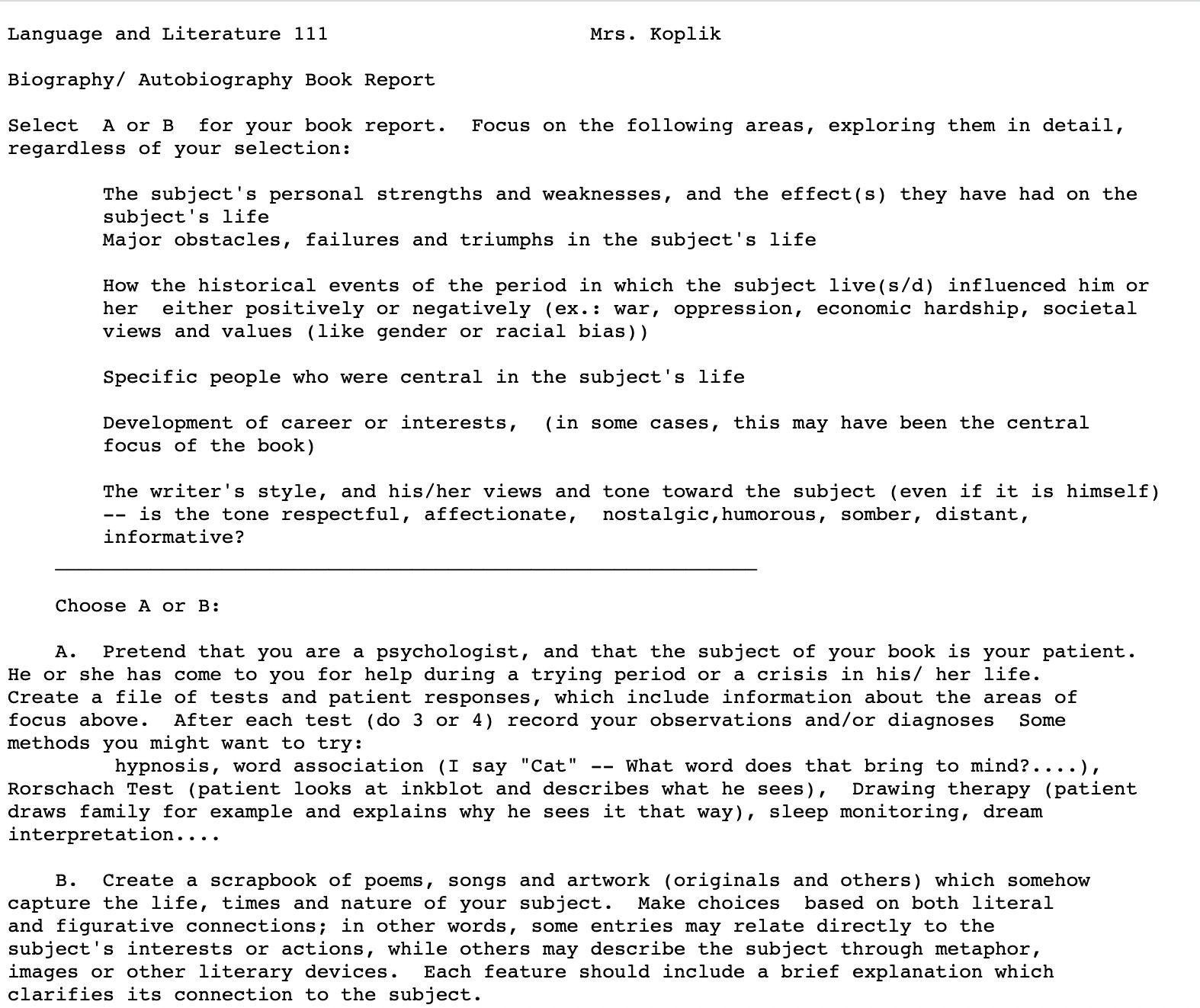 Biography/Autobiography Book Report Activity