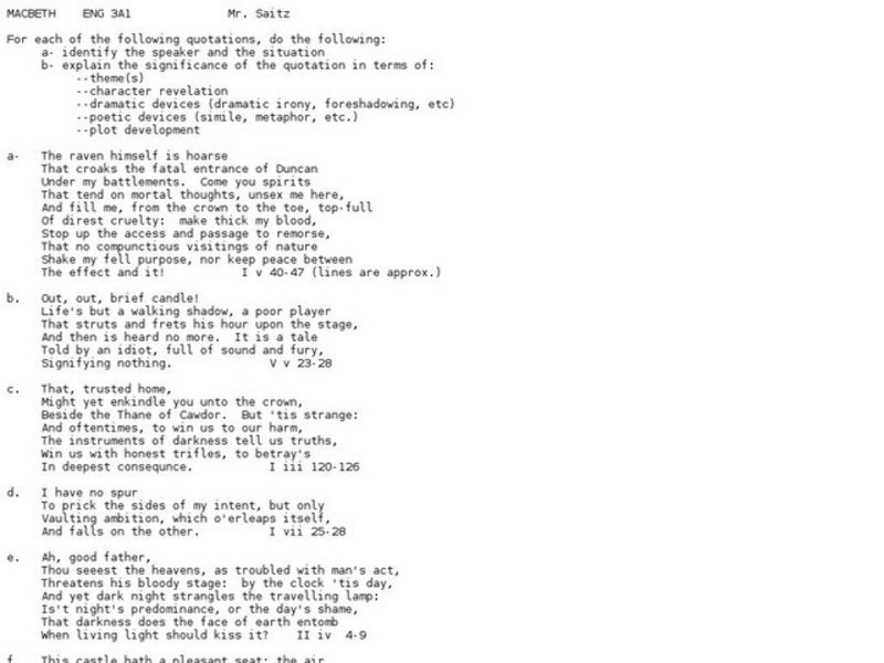 Macbeth: Quotations Worksheet