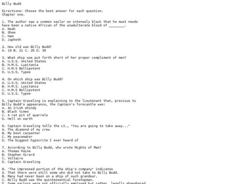 Billy Budd Worksheet