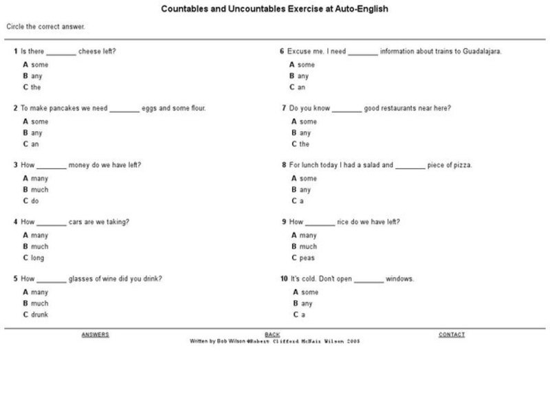 Countables and Uncountables Exercises at Auto English Interactive