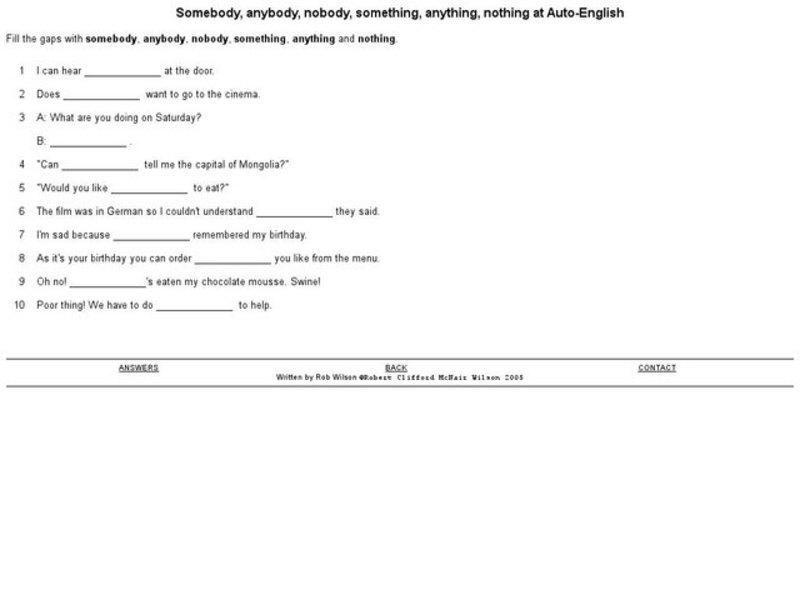 Somebody, Anybody, Nobody, Something, Anything, and Nothing Worksheet