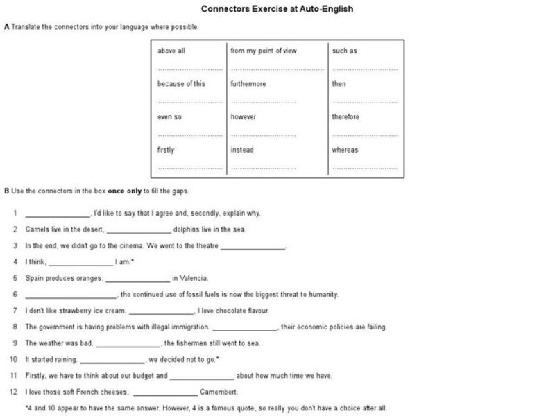 Connectors Exercise Worksheet