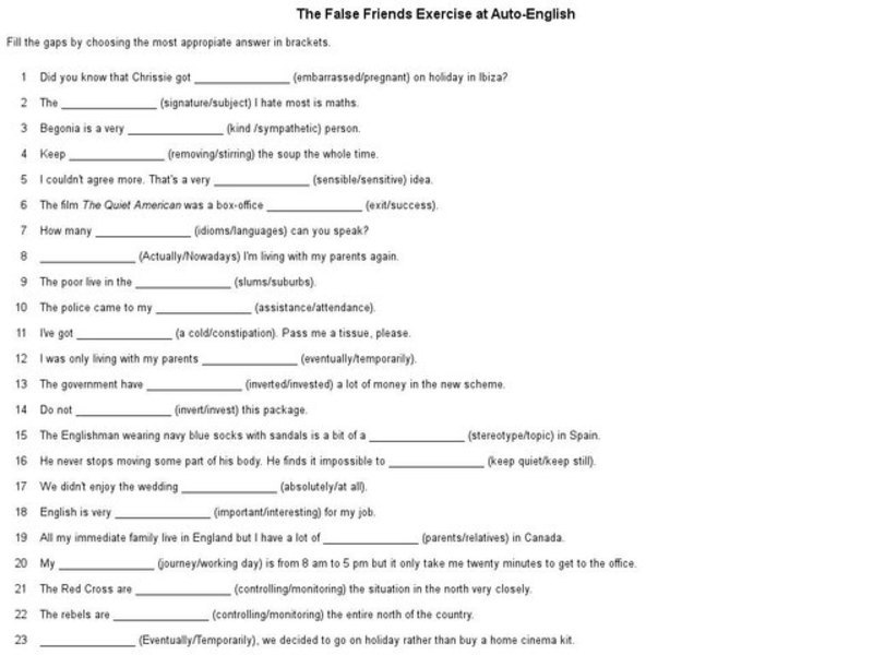 The False Friends Exercise at Auto-English Worksheet