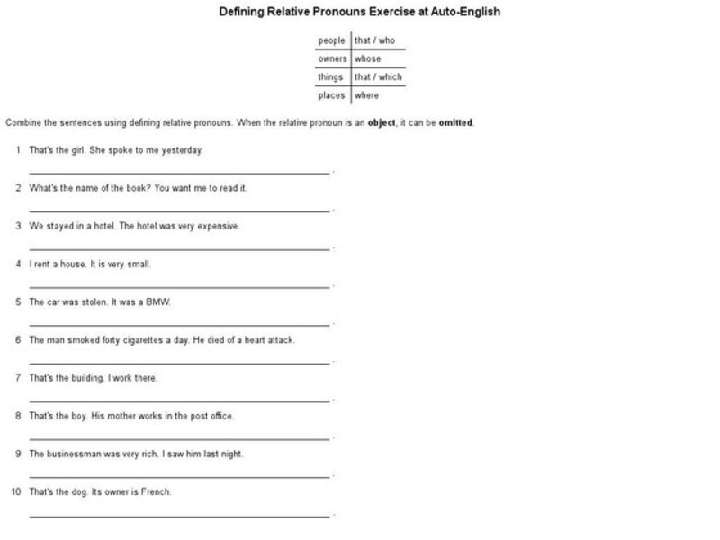 Defining Relative Pronouns Exercise Interactive