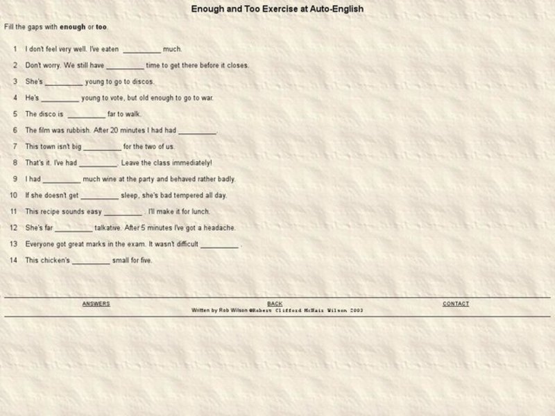 Enough and Too Exercise at Auto-English Worksheet