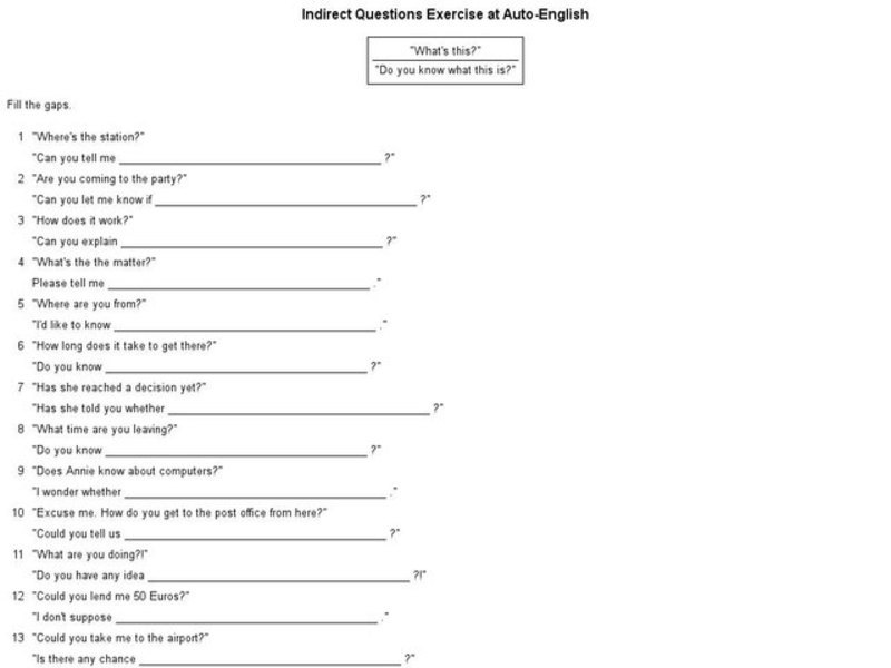Indirect Questions Exercise at Auto-English Interactive