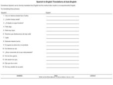 Spanish to English Translations Worksheet