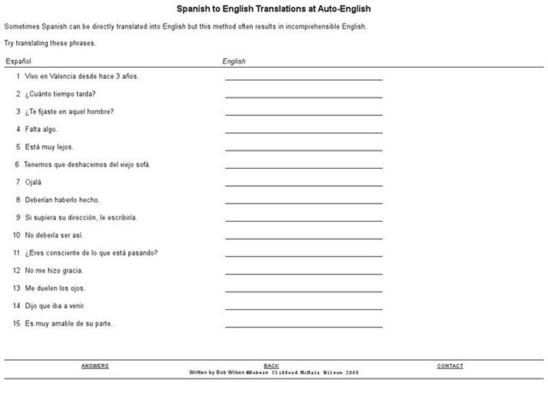 Spanish to English Translations Worksheet