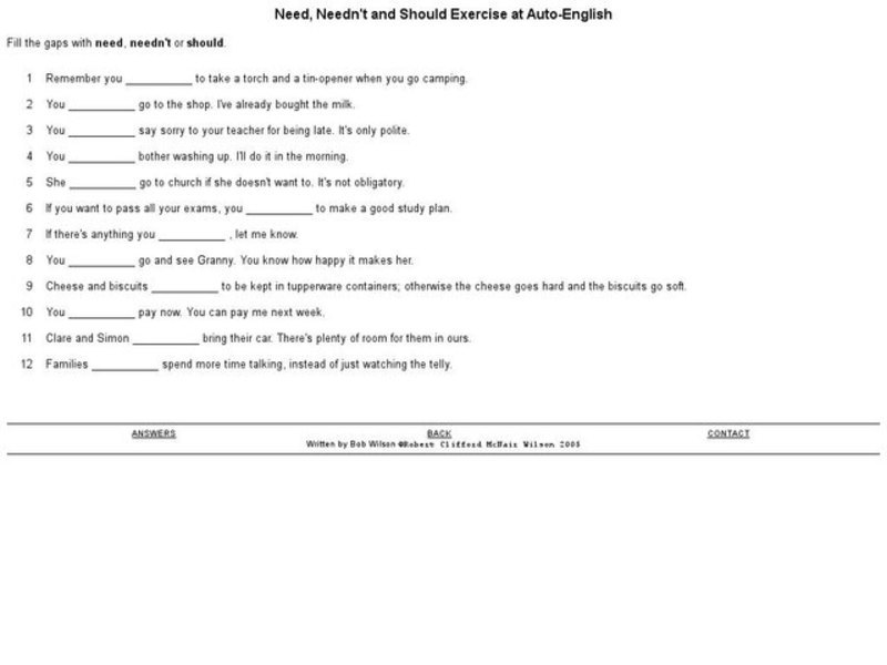 Need, Needn't, and Should Exercise at Auto-English Worksheet