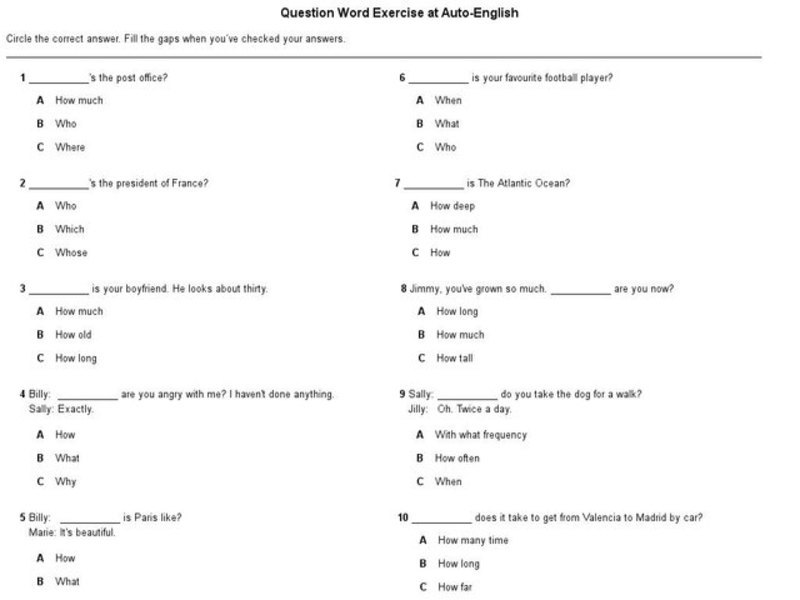 Questions Word Exercise Interactive