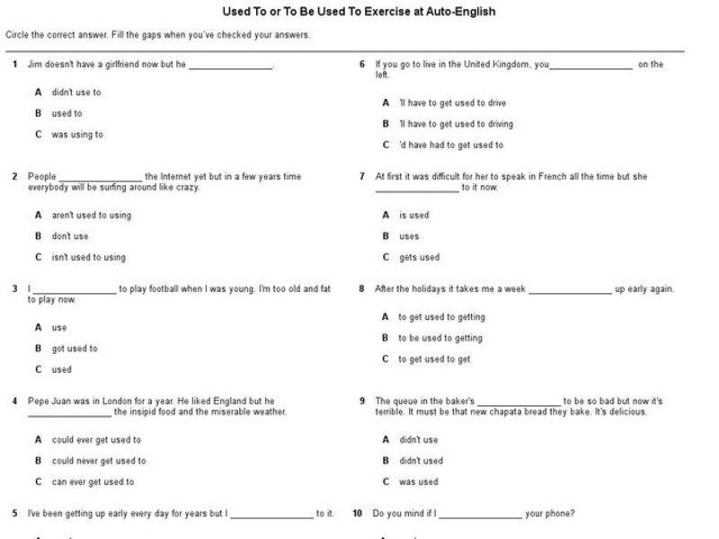 Used To or To Be Used To Exercise Worksheet