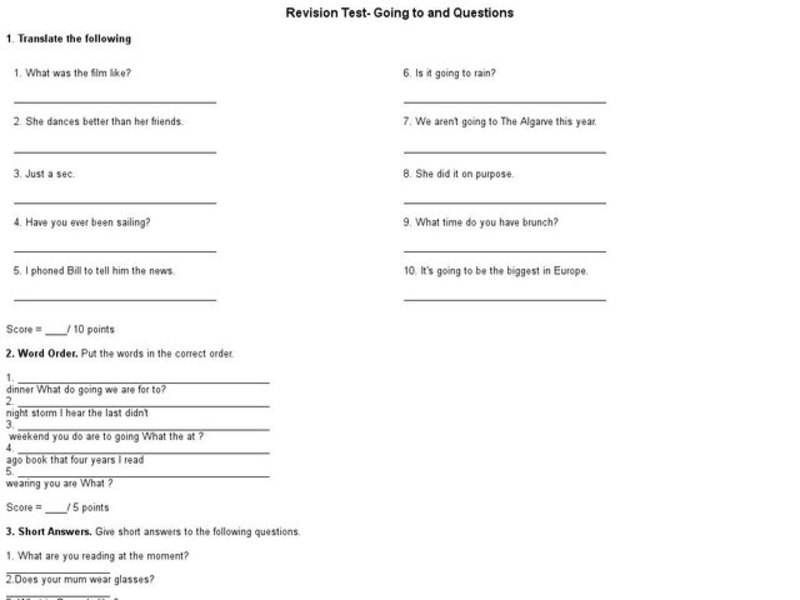 Revision Test - Going to and Questions Interactive
