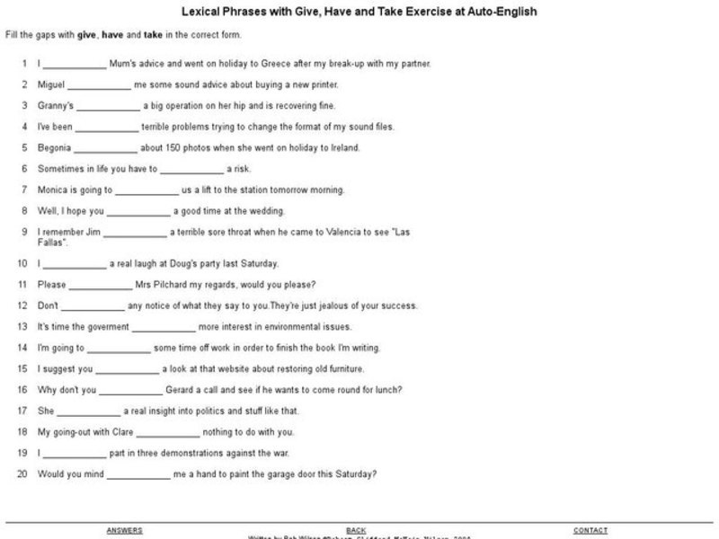 Lexical Phrases with Give, Have, and Take Exercise Interactive