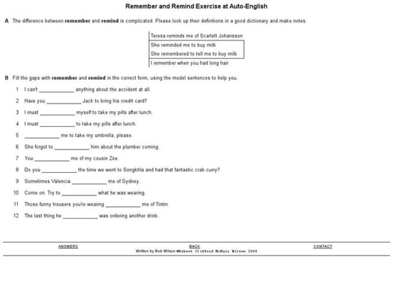Remember and Remind Exercise at Auto-English Worksheet