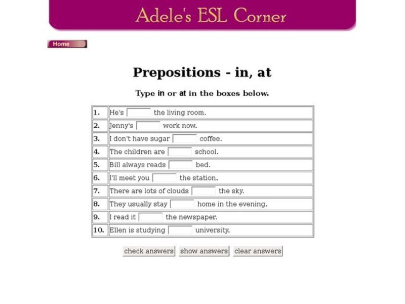 Adele's ESL Corner: Prepositions-In/At Interactive