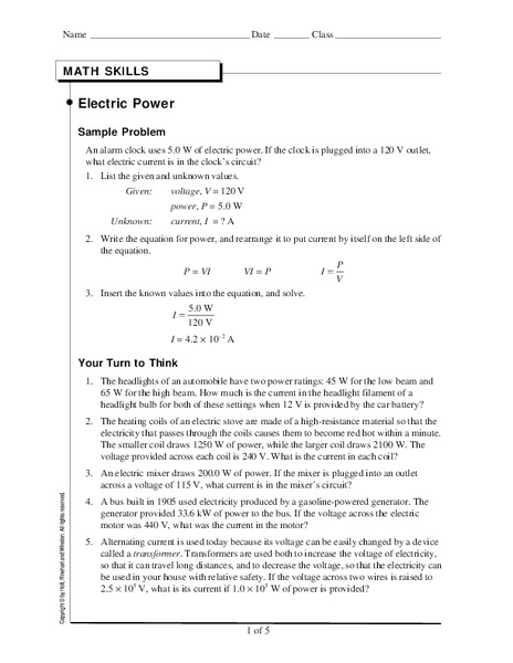 Electric Power Worksheet