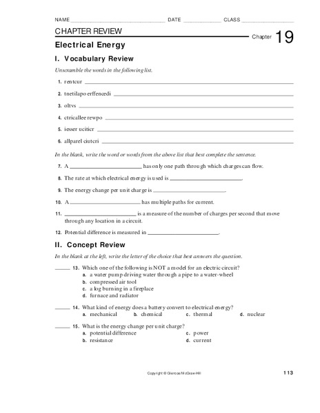 Electrical Energy Worksheet