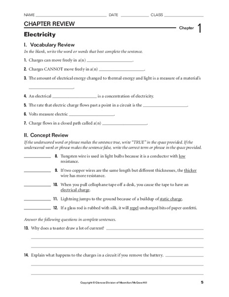 Electricity Worksheet