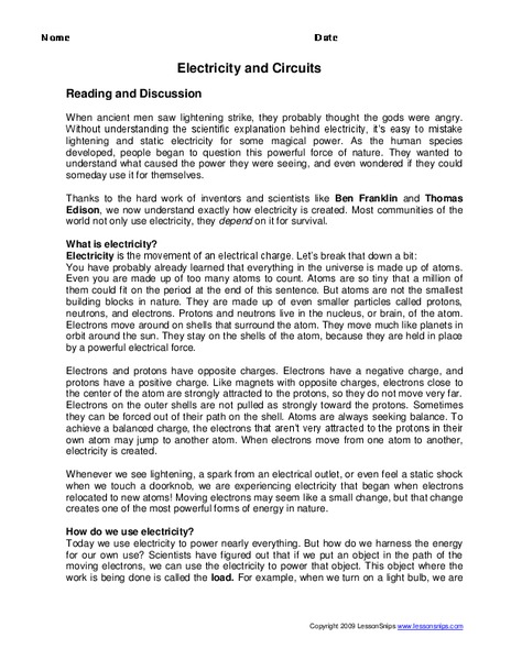 Electricity and Circuits Worksheet
