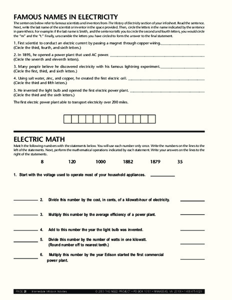 Electricity Worksheet