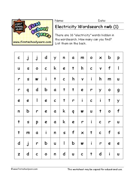 Electricity Word Search Worksheet