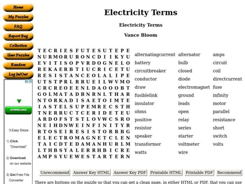 Electricity Terms Worksheet