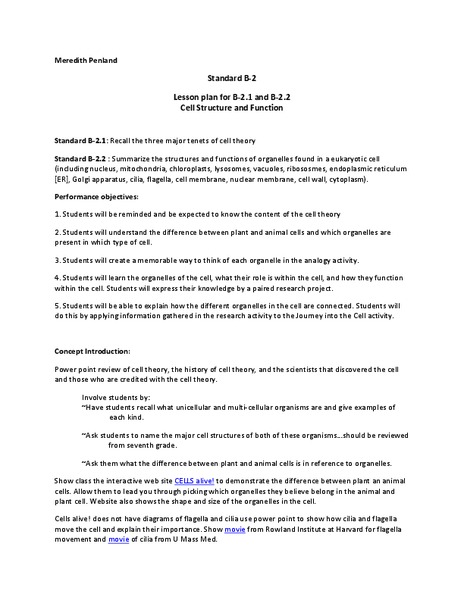 Cell Structure and Function Lesson Plan