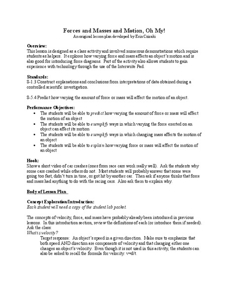 Forces and Masses and Motion, Oh My! Lesson Plan