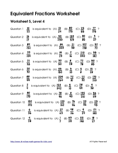Equivalent Fractions Worksheet: Worksheet 5, Level 4 Worksheet
