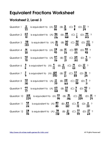 Equivalent Fractions Worksheet: Worksheet 2, Level 3 Worksheet